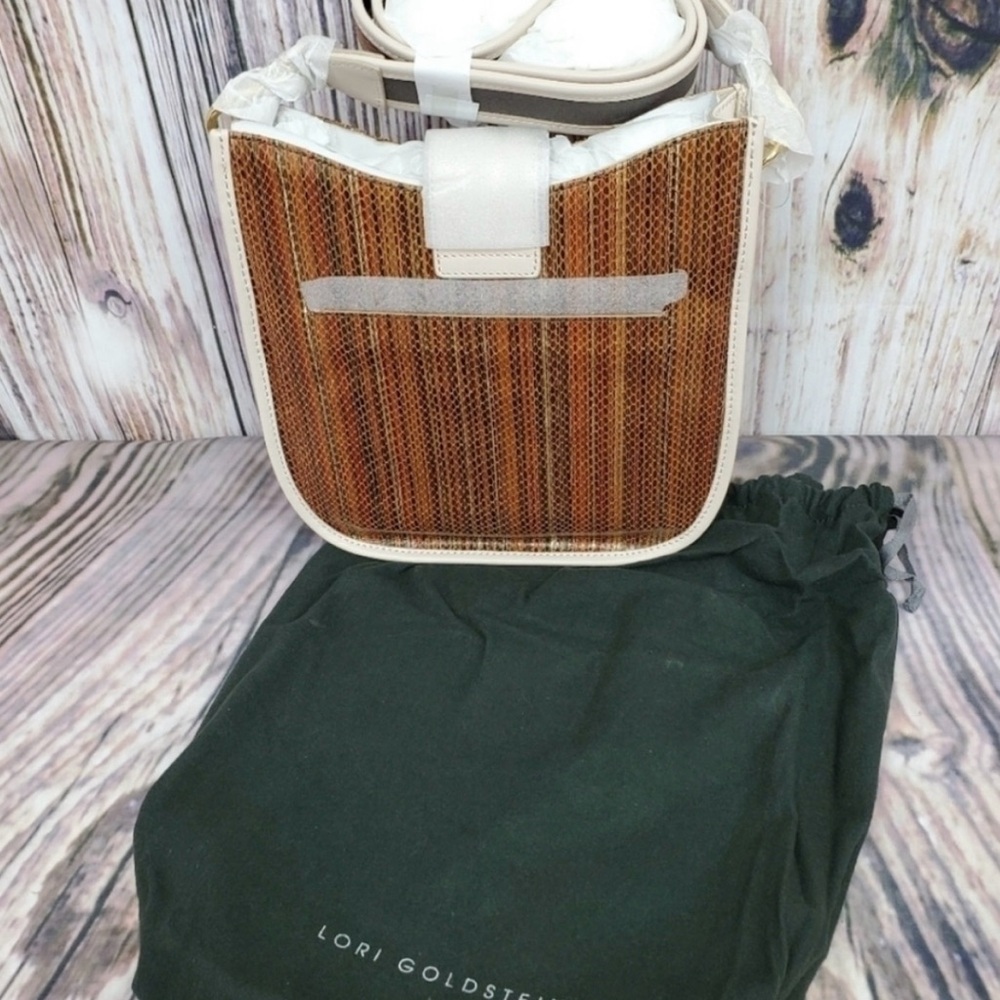 Brown and Cream Crossbody Bag with Wooden Body - Picture 1 of 6